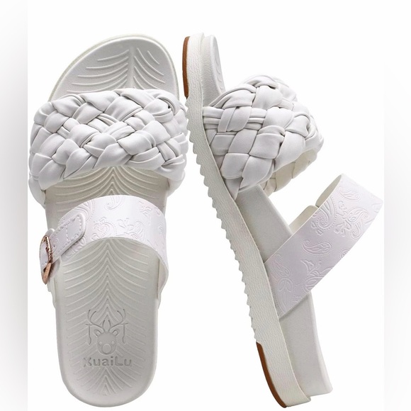 KuaiLu White Braided Slide Sandals with Decorative Buckle - Picture 2 of 7